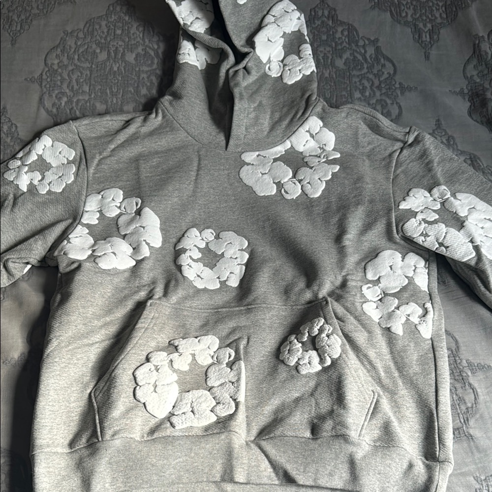 Gray Hoodie with White Floral Appliqué